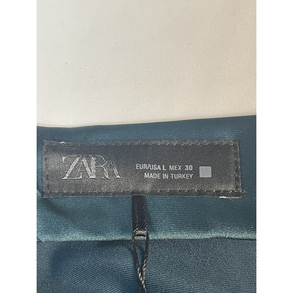 Zara Satin Midi Skirt Green Teal Slip Bias Cut Size L Elastic Waist Minimalist - Picture 4 of 8
